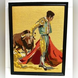 Vintage Franed Matador Needlepoint Art with Bull